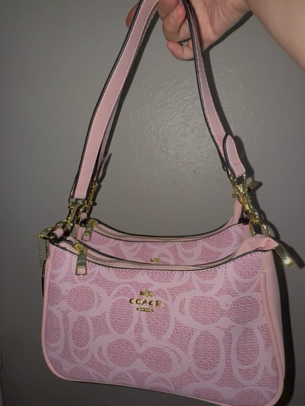Coach Pink Signature Jacquard Double Zip Shoulder Bag